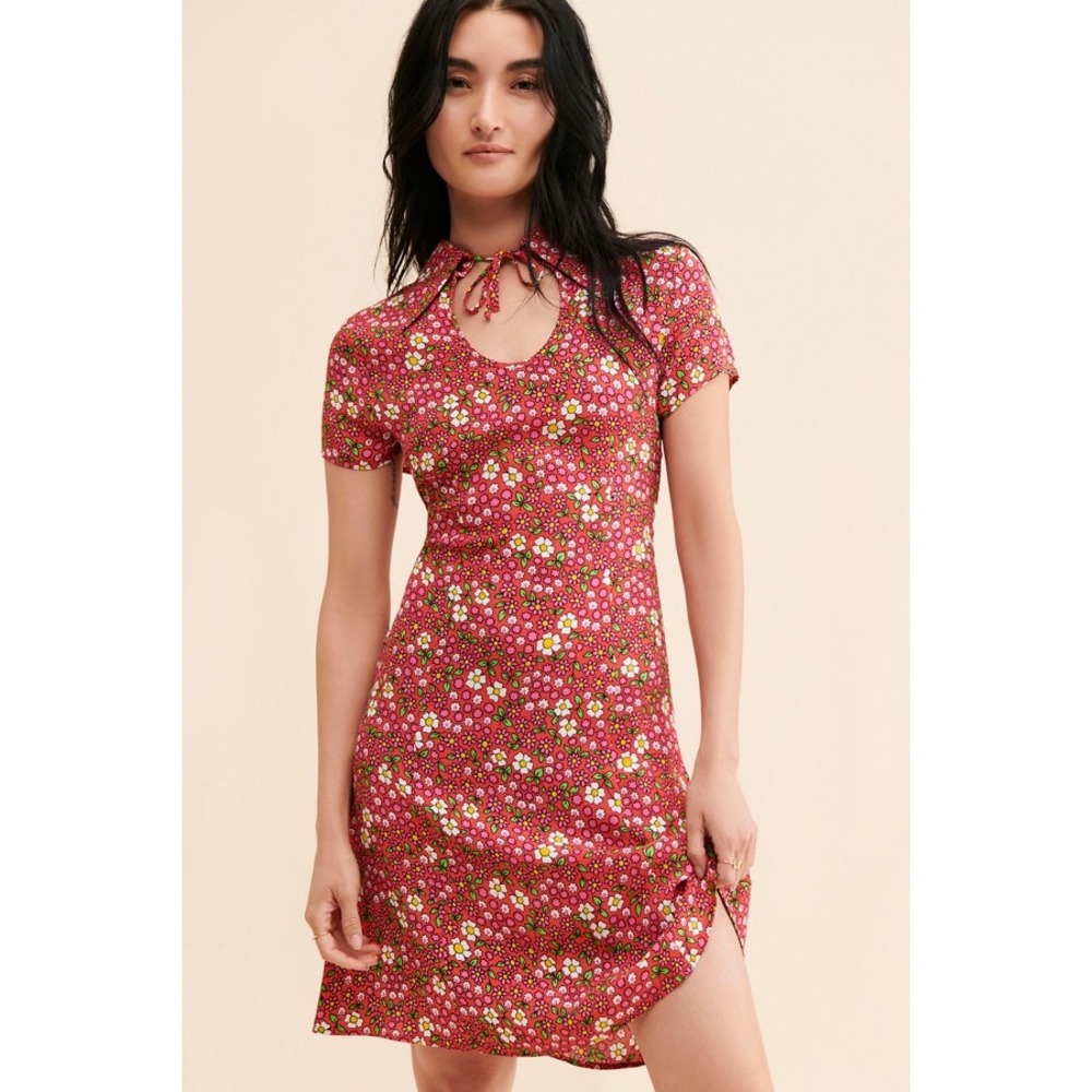 Rolla's Kelly Floral Mini Dress Red Pink Daisy Keyhole Tie Neck Short Sleeve S